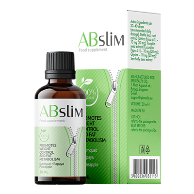 Frasco y caja de ABSlim, suplemento natural para adelgazar y acelerar el metabolismo