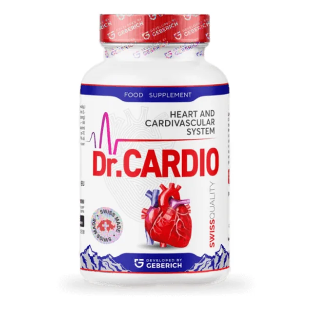 Envase blanco de Dr.Cardio con tapón rojo y sello Swiss Made, complemento alimenticio para el corazón