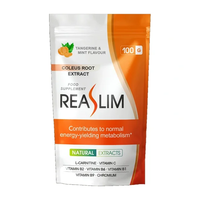 Envase de Reaslim 100 g con sabor a mandarina y menta, complemento alimenticio con extracto de raíz de Coleus, L-carnitina, cromo y vitaminas del grupo B