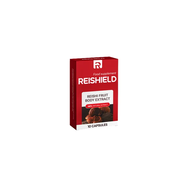 Caja roja Reishield con la mención food supplement y reishi fruit body extract, envase de 10 cápsulas